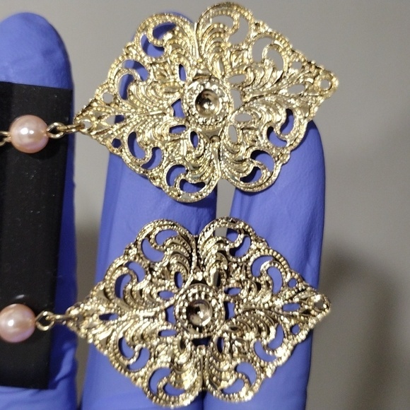 Women's Stylish Gold-tone Filigree Design 3" Long Beaded Drop Dangle Earrings #4 - Picture 3 of 5